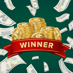 Casino Winner Vector Background. Coins And Dollars Money. Jackpot Prize Design. Winner Concept Illustration.