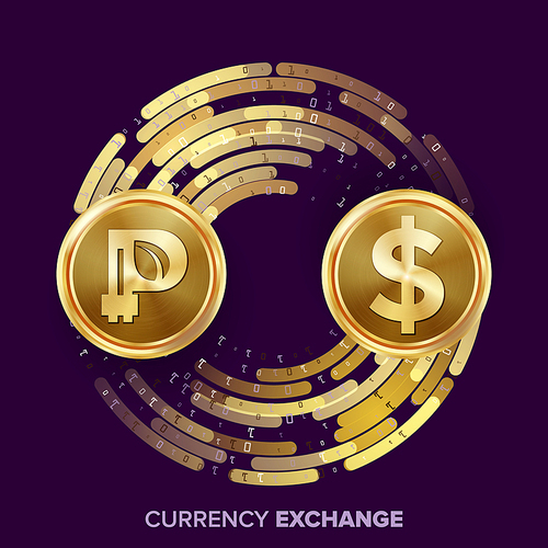 Digital Currency Money Exchange Vector. Peercoin, Dollar. Fintech Blockchain. Gold Coins With Digital Stream. Cryptography. Conversion Commercial Operation. Business Investment