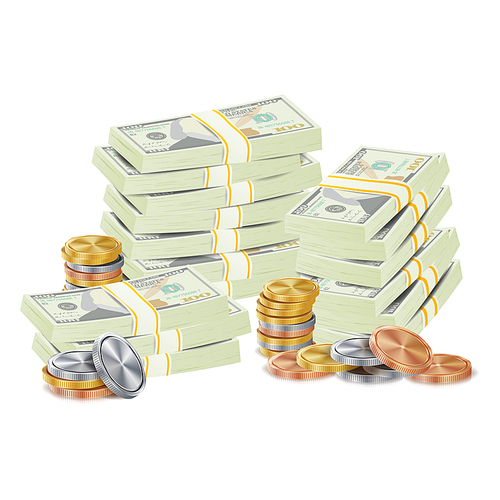 Dollar Stacks Vector. Gold Coins And Money Banknotes. Cash Symbol. Money Bill Isolated Illustration.