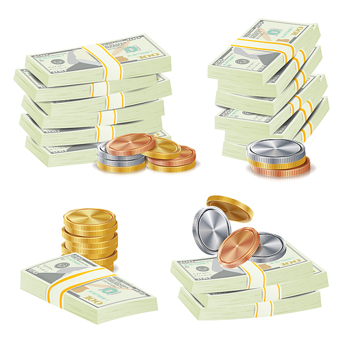 Hundreds Dollars Vector Packing In Bundles Of Bank Notes, Bills, Gold Coins. Cartoon Money Stacks Illustration. White Background