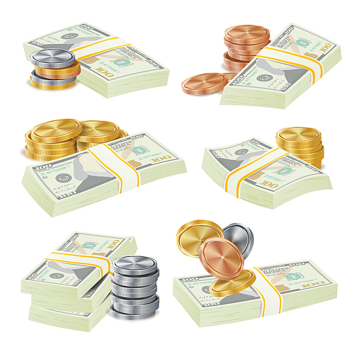Money Stacks Bill, Coins Isolated Vector Illustration. Realistic Money Stacks Concept