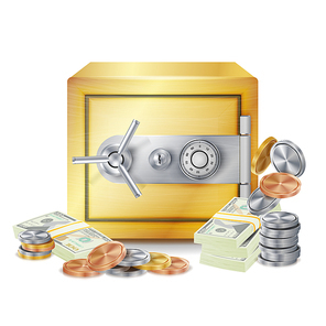 Steel Safe Security Concept Vector. Metal Coins. Vector Isolated Illustration. Investment Concept.