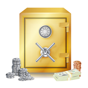 Steel Safe Security Concept Vector. Metal Safe, Coins And Money Banknotes Stacks Isolated Illustration. Finance Icons, Sign, Success Banking Cash Symbol