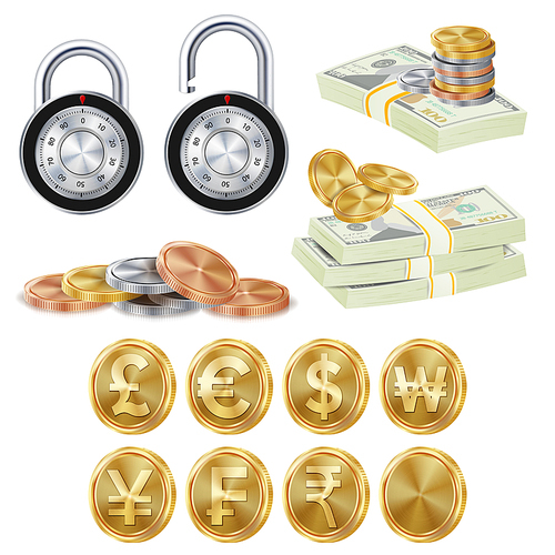 Finance Secure Concept Vector. Gold Metal Coins, Money Banknotes Stacks, Encryption Padlock. Dollar, Euro, GBP, Rupee, Franc Renminbi Yuan Won