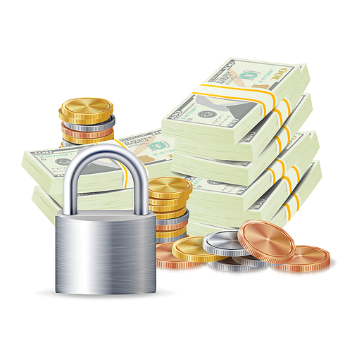 Finance Secure Concept Vector. Metal Coins, Money Banknotes Stacks, Steel Padlock. Finance Banking Illustration