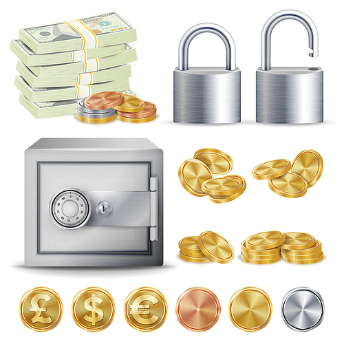 Finance Secure Concept Vector. Gold, Silver, Copper Metal Coins Blank, Money Banknotes Stacks, Padlock, Safe. Dollar, Euro GBP Business Investment