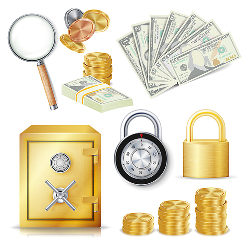 Money Secure Concept Vector. Gold Metal Coins, Money Banknotes Stacks, Encryption Padlock, Safe, Realistic Magnifying Glass. Commercial Investment Illustration Isolated