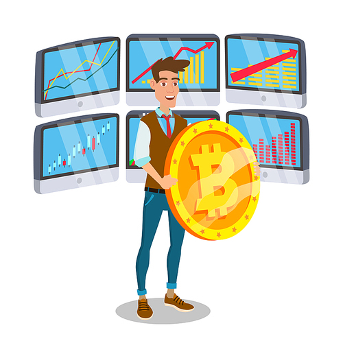 Businessman Standing With Big Bitcoin Sign Vector. Trading Monitors And Trend. Digital Money. Cryptocurrency Investment Concept. Isolated