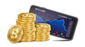 Smartphone And Bitcoin Coins Vector. Digital Money. Cryptocurrency Investment Concept. Realistic 3D Gold Coins. Isolated On White Illustration