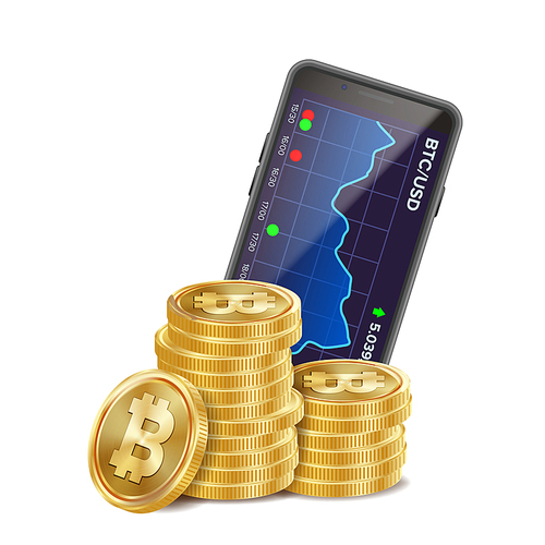 Smartphone With Bitcoin Trading Chart Vector. Realistic Golden Coins. Virtual Money. Isolated On White Illustration