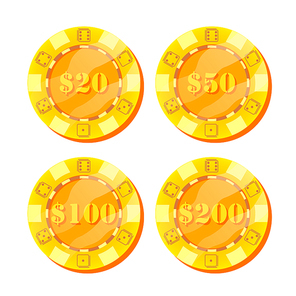 poker chips vector. flat, cartoon set. 20, 50, 100, 200 dollar sign. game money. gold poker game chips sign isolated on white . casino gambling chips