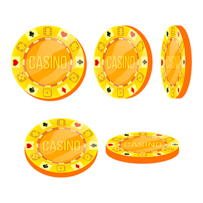 Poker Chips Vector. Flat, Cartoon Set. Casino Sign. Gold Poker Game Chips Sign Isolated On White Background. Casino Gambling Chips