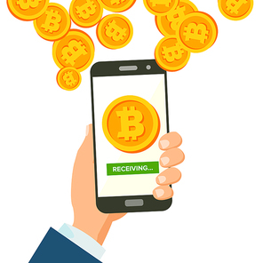 Mobile Bitcoin Receiving Concept Vector. Modern Finance Economic. Wireless Bitcoin Finance Receiving Concept. Hand Holding Smartphone. Digital Currency In Smartphone Application. Isolated