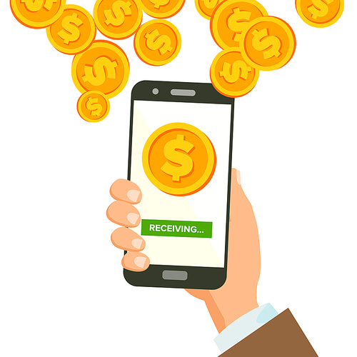 Mobile Dollar Receiving Concept Vector. Human Hand Banner. Wireless Dollar Finance Receiving Concept. Currency In Smartphone Application. Isolated