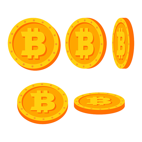 Bitcoin Gold Coins Vector Set. Flat, Cartoon. Flip Different Angles. Digital Currency Money. Investment Concept Illustration. Cryptography Finance Coin, Sign. Fintech Blockchain. Currency