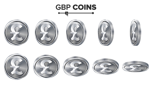 Money. GBP 3D Silver Coins Vector Set. Realistic Illustration. Flip Different Angles. Money Front Side. Investment Concept. Finance Coin Icons, Sign, Success Banking Cash Symbol
