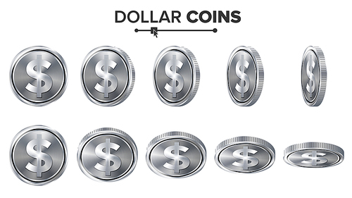 Money. Dollar 3D Silver Coins Vector Set. Realistic Illustration. Flip Different Angles. Money Front Side. Investment Concept. Finance Coin Icons, Sign, Success Banking Cash Symbol