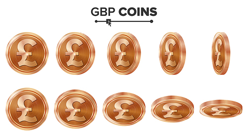 Money. GBP 3D Copper Coins Vector Set. Realistic Illustration. Flip Different Angles. Money Front Side. Investment Concept. Finance Coin Icons, Sign, Success Banking Cash Symbol