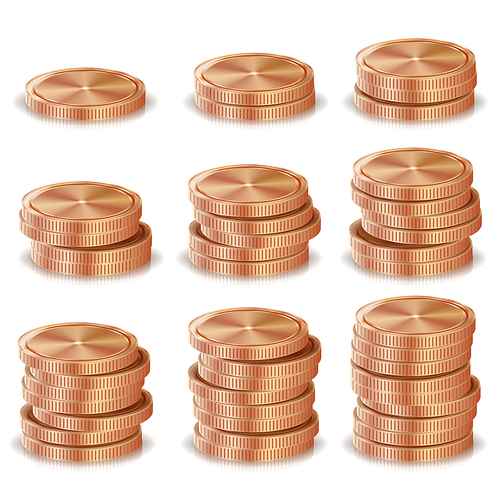 Bronze, Copper Coins Stacks Vector. Silver Finance Icons, Sign, Success Banking Cash Symbol. Investment Concept. Realistic Currency Isolated Illustration