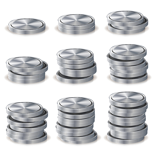 Silver Coins Stacks Vector. Silver Finance Icons, Sign, Success Banking Cash Symbol. Realistic Isolated Illustration