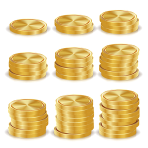 Gold Coins Stacks Vector. Golden Finance Icons, Sign, Success Banking Cash Symbol. Realistic Isolated Illustration