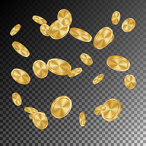 Falling Gold Coins Vector. Flying Realistic Golden Coins Explosion. Transparent Background. Casino Prize Money Fortune Flow Jackpot.