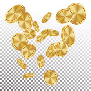 Gold Coins Rain Vector. Realistic Gold Coins Explosion Falling Down. Transparent Background. Symbol Wealth, Profit. Cash