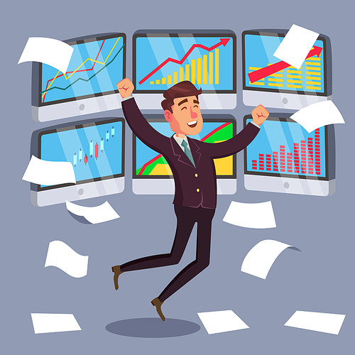 Professional Trader Vector. Online Working Trader With Monitor. Multiple Computer Screens. Flat Cartoon Illustration