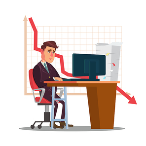 Unhappy Trader Man Vector. Trader Desk In Trader Room. Statistical Reports Spread. Investment Purposes. Isolated Flat Sad Cartoon Character
