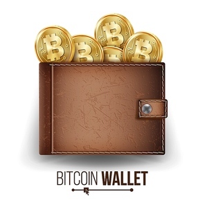 Bitcoin Wallet Vector. Brown Color. Abstract Technology Bitcoin. Cryptography Finance Coin Icons. Full Wallet. Modern Wallet. Bitcoin Gold Coins. Isolated Illustration
