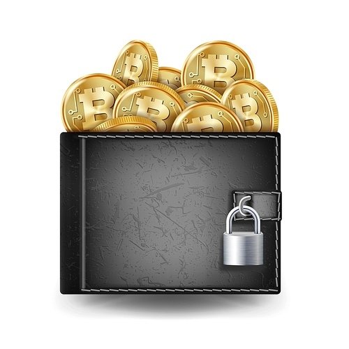 Bitcoin Full Wallet Vector. Black Color. Cryptography Finance Coin Sign. Physical Bit Coin. Locked With Padlock. Money Secure Concept. Bitcoin Gold Coins. Illustration