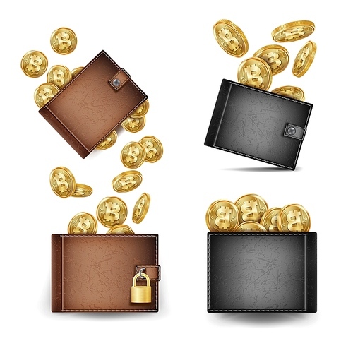 Bitcoin Wallet Set Vector. Bitcoin Gold Coins. Realistic 3d Brown And Black Bitcoin Wallet. Money Front Side. Technology Worldwide Network Concept. Locked With Padlock.