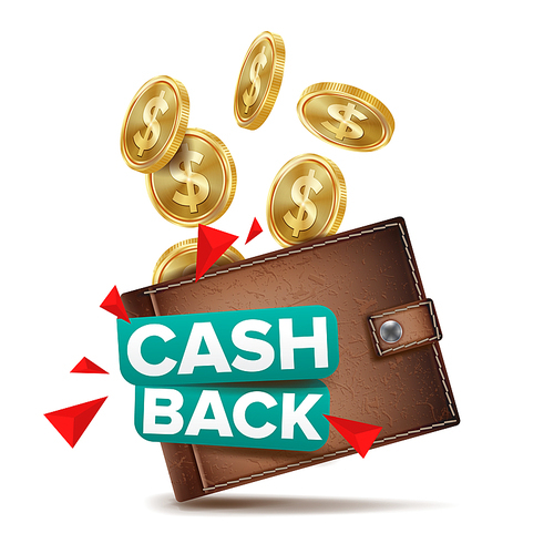 Cash Back Concept Vector. Realistic Wallet And Gold Coins. Online Payment. Money Refund Label. Isolated Illustration