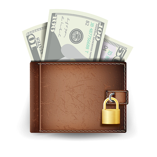 Realistic Classic Brown Wallet Vector. Locked With Padlock. Money. Top View. Finance Secure Concept. Isolated On White Background