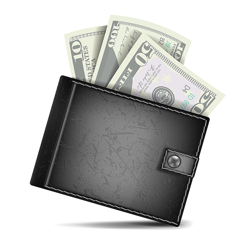 Realistic Black Wallet Vector. Money. Top View. Financial Concept. Isolated On White Background Illustration