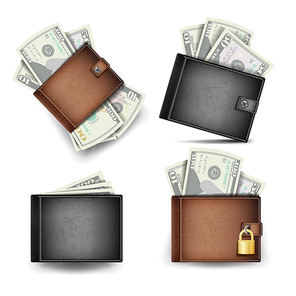 Wallet Set Vector. Dollar Banknotes. Realistic 3d Classic Brown And Black Leather Wallet. Locked With Padlock. Modern Finance Secure Concept. Isolated On White Background