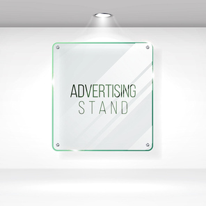 Advertising Stand Glass Vector. Realistic Glass On A Wall With Lights. Good For Images And Advertisement. Banner Template For Designers.