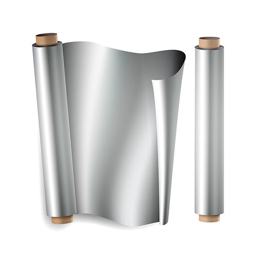 Metal Foil Paper Roll Vector. Close Up Top View. Opened And Closed. Realistic Illustration Isolated