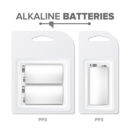 PPS Batteries Packed Vector. Alkaline Battery In Blister. Realistic Glossy Battery Accumulator. Mock Up Good For Branding Design. Closeup Isolated