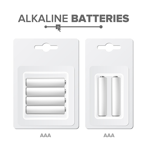 AAA Batteries Packed Vector. Alkaline Battery In Blister. Realistic Glossy Battery Accumulator. Mock Up . Closeup Isolated Illustration