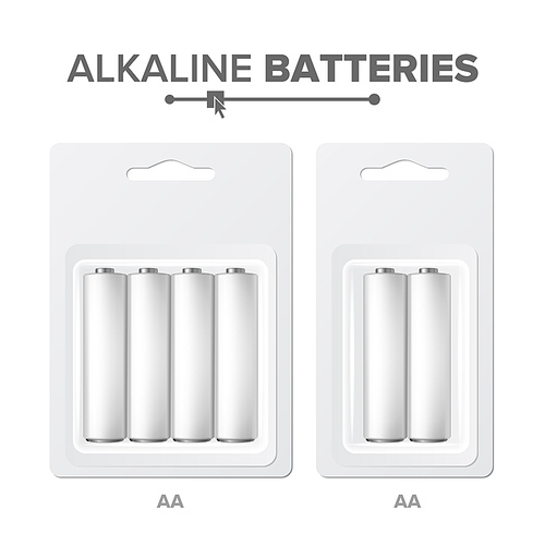 AA Batteries Packed Vector. Alkaline Battery In Blister. Realistic Glossy Battery Accumulator. Mock Up Good For Branding Design. Illustration