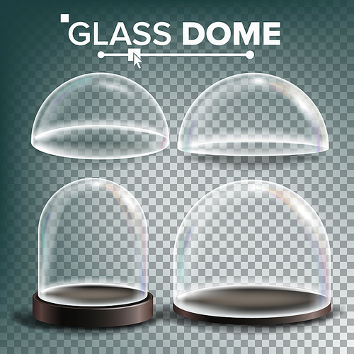 Glass Dome Set Vector. Advertising, Presentation Design Glass Element. Different Types. Empty Glass Crystal Dome. Template Mockup. Transparent Illustration