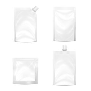 Blank Doypack Set Vector. Realistic White Doy-pack Food Or Drink Flexible Pouch. Blank Filled Retort Foil Flexible Pouch Bag Packaging. Mock Up For Product Packing Design Isolated