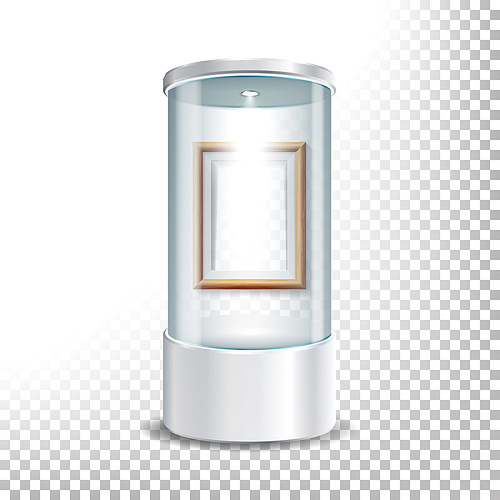 Transparent Glass Museum Showcase Podium With Wooden Picture Frame Template, Spotlight And Sparks. Mock Up Capsule Box For Exhibit And Display Your Product. Vector Illustration