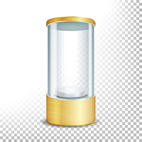 Empty Glass Showcase Podium With Spotlight And Sparks. Round Gold Blank For Exhibit And Display Your Product. Vector Realistic. Transparent Background