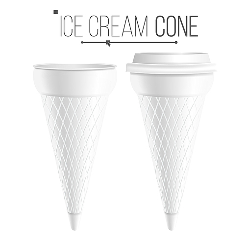 Realistic Ice Cream Cone Blank Vector. White Empty Blank. Ice Cream Cone Package. Food Carton Cone Conus. Isolated Illustration.