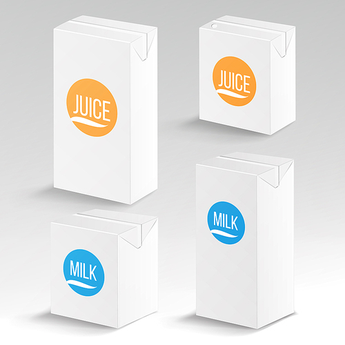Juice and Milk Package Vector Realistic Mock Up Template. Carton Branding Box 1000 ml and 200 ml. White Empty Clean Cardboard Package Drink Small Juice, Milk Box Blank