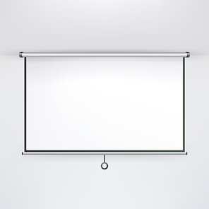 Meeting Projector Screen Vector. Hanging Projection Screen Isolated On White. Empty Presentation Board, Blank Whiteboard