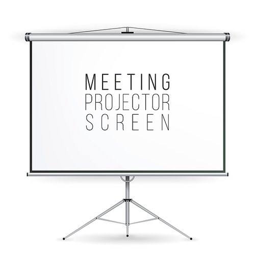 Meeting Projector Screen Vector. Presentation Bblank Whiteboard. Realistic Standing Tripod Projector For Seminar