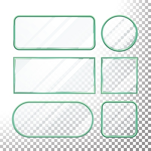 Transparent Glass Button Vector. Set Square, Round, Rectangular Shape. Realistic Plates. Isolated On Transparency Background Illustration